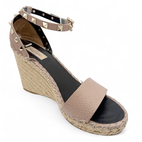 Valentino Rockstud Espadrille Wedge Sandals Nude Poudre Leather Size 40 US 10 - Picture 13 of 16